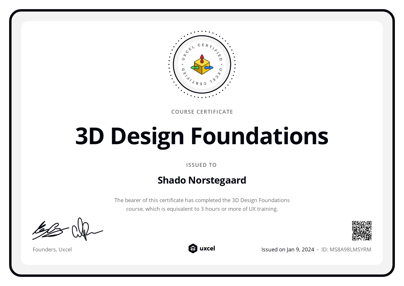 Shado Norstegaard's certificate